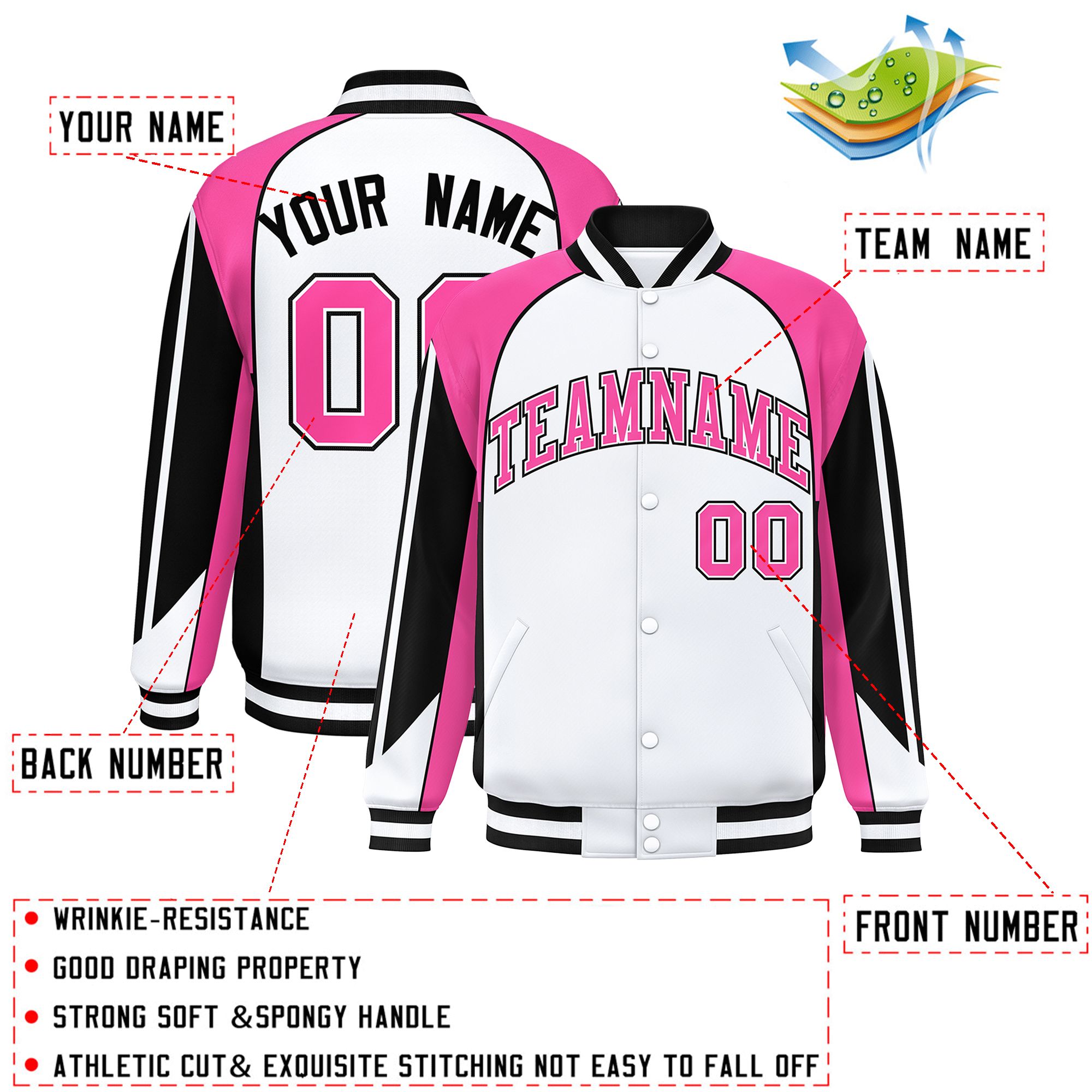 Custom White Pink Varsity Full-Snap Personalized Raglan Sleeves Color Block Letterman Jacket