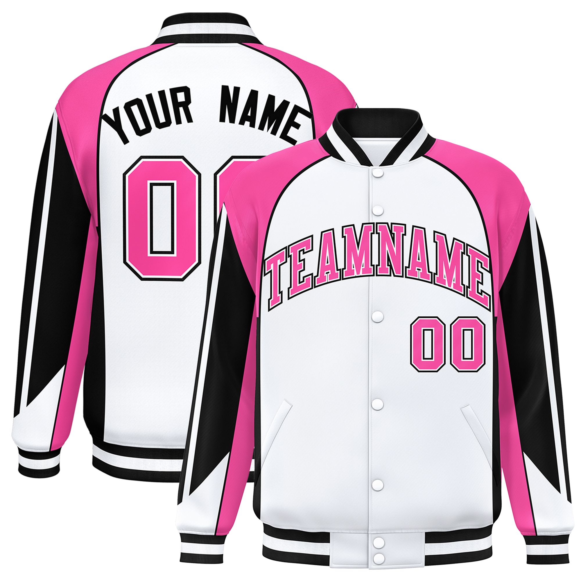 Custom White Pink Varsity Full-Snap Personalized Raglan Sleeves Color Block Letterman Jacket