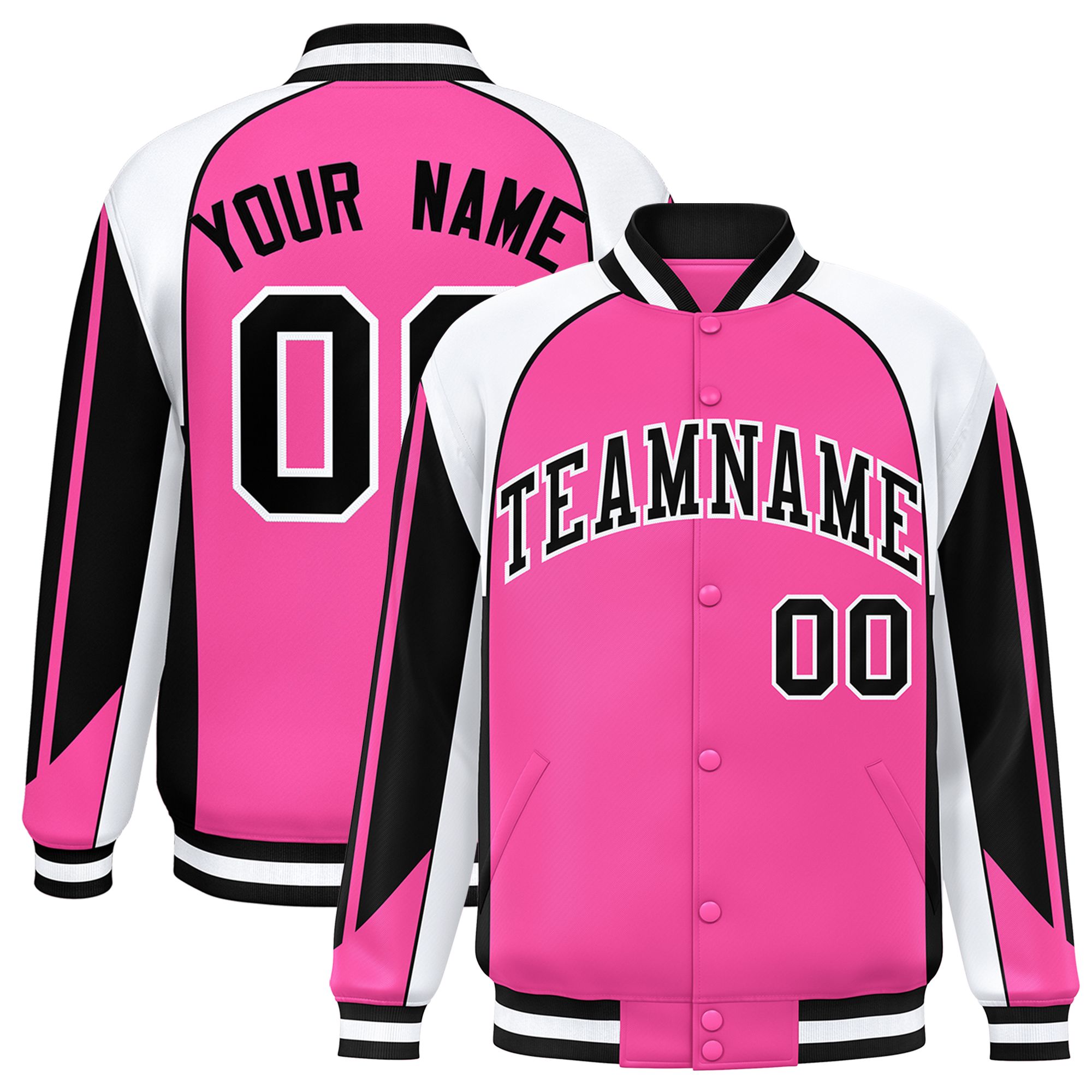 Custom Pink White Varsity Full-Snap Personalized Raglan Sleeves Color Block Letterman Jacket