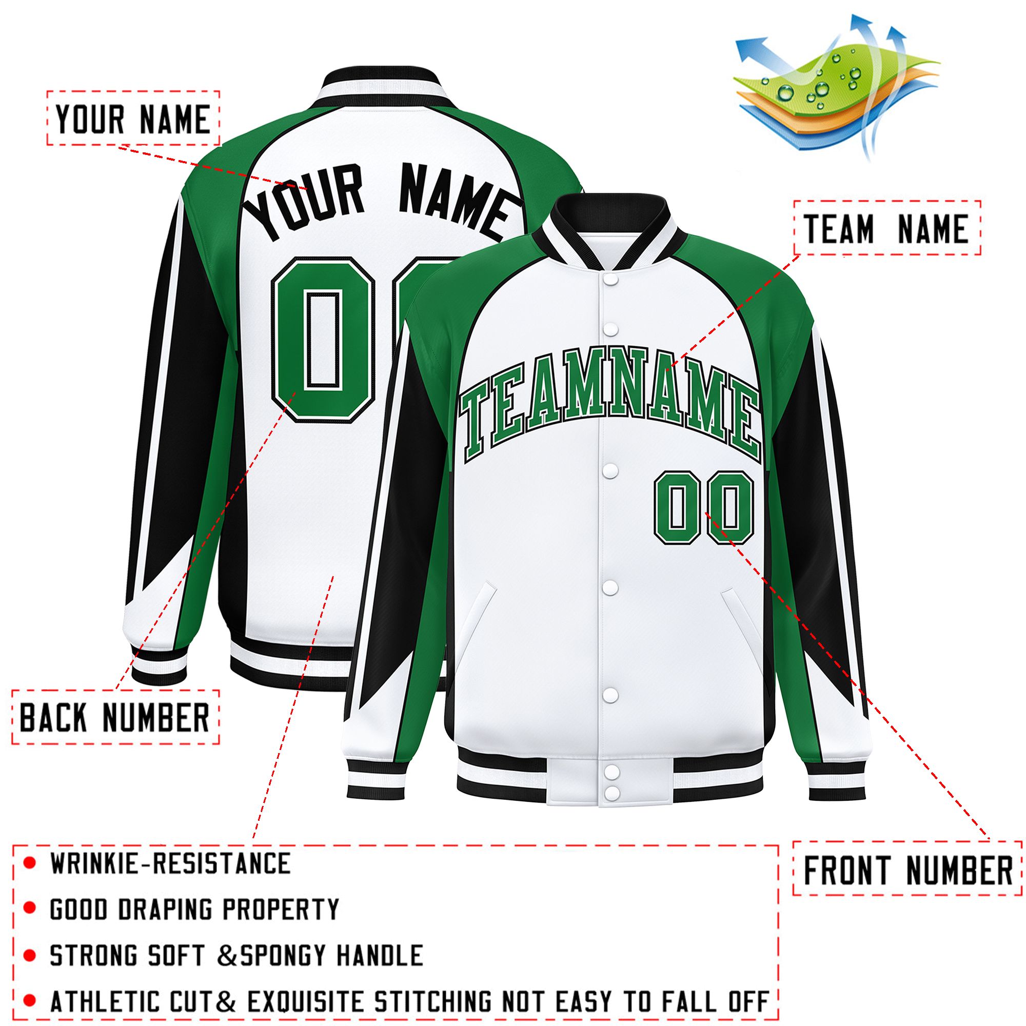 Custom White Kelly Green Varsity Full-Snap Personalized Raglan Sleeves Color Block Letterman Jacket