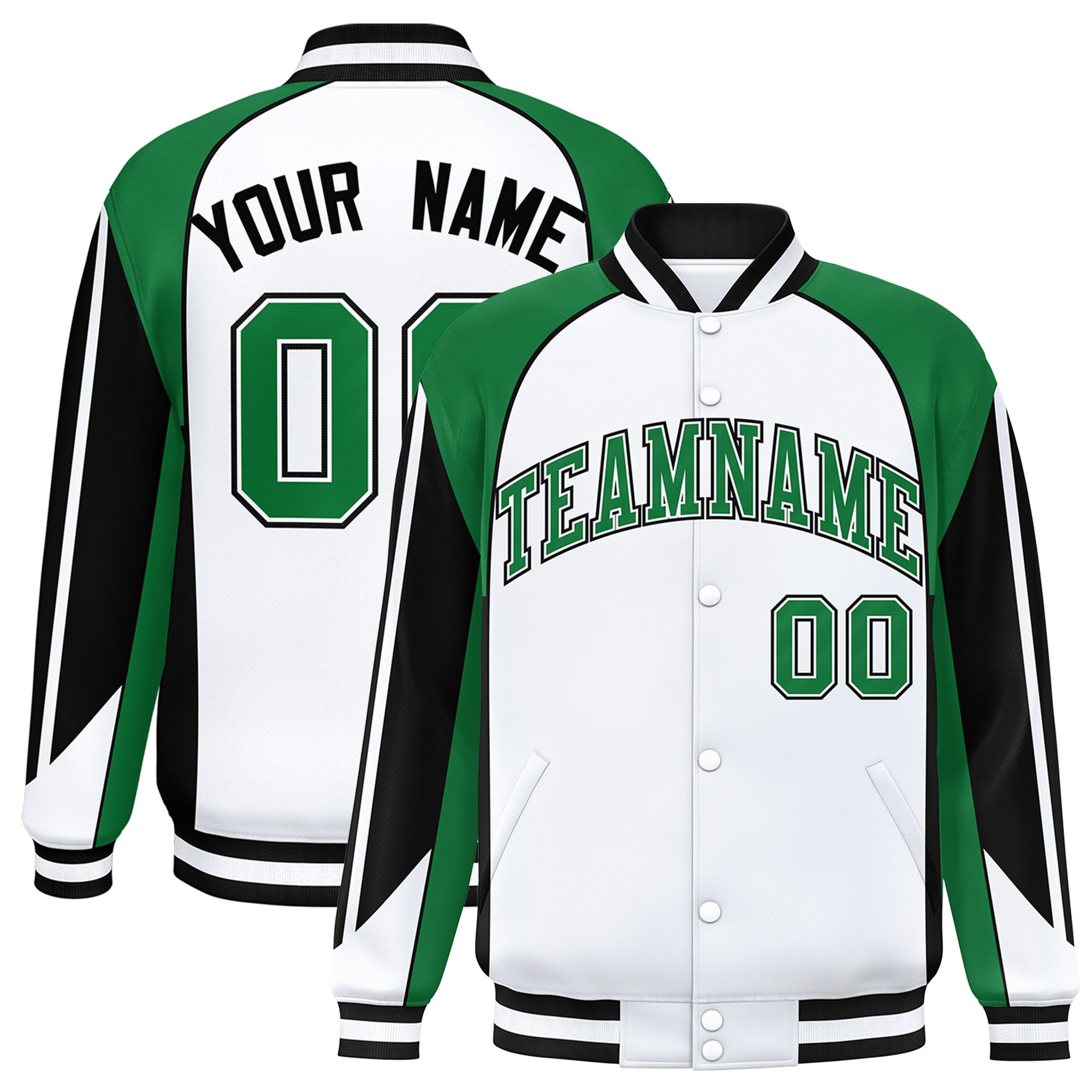 Custom White Kelly Green Varsity Full-Snap Personalized Raglan Sleeves Color Block Letterman Jacket