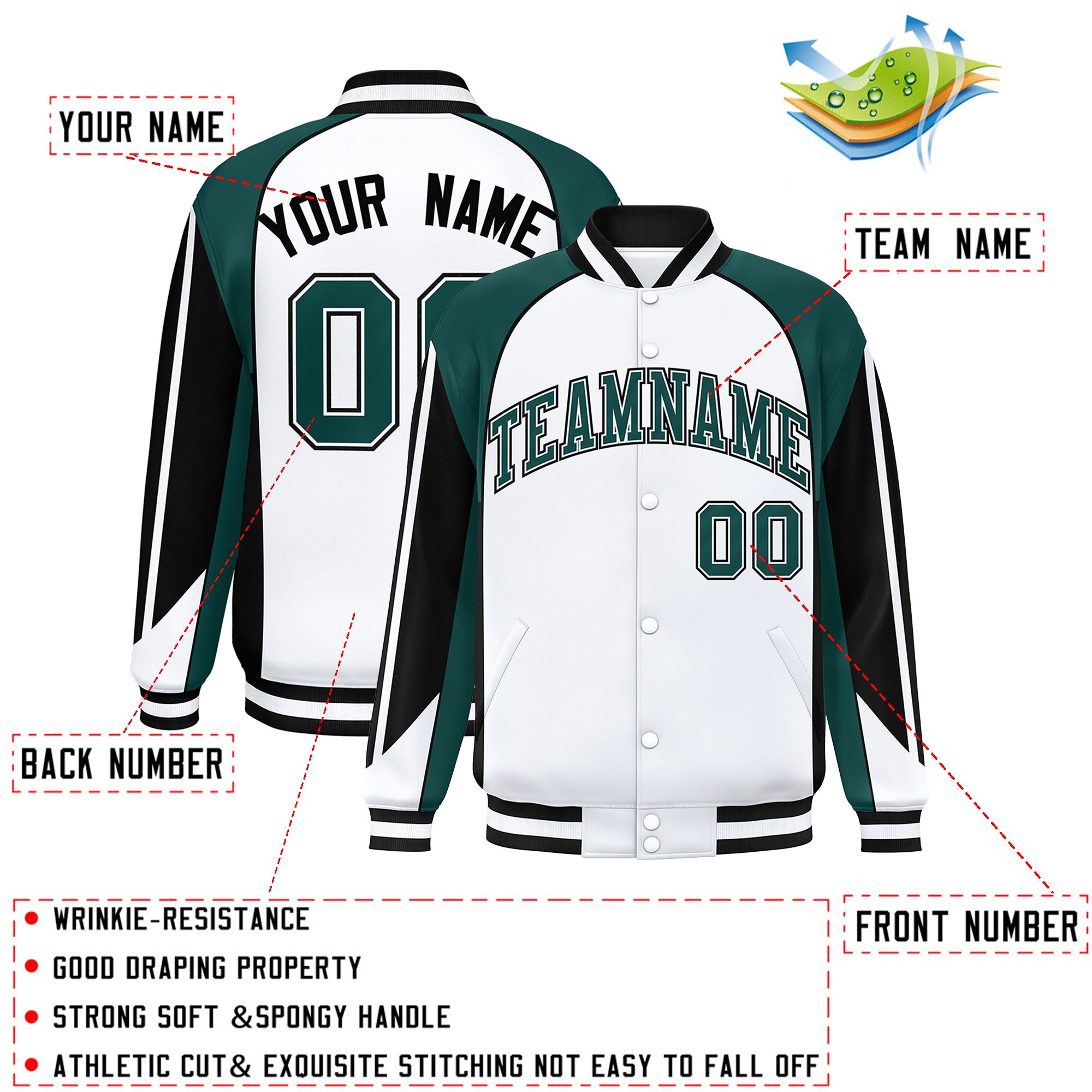 Custom White Midnight Green Varsity Full-Snap Personalized Raglan Sleeves Color Block Letterman Jacket