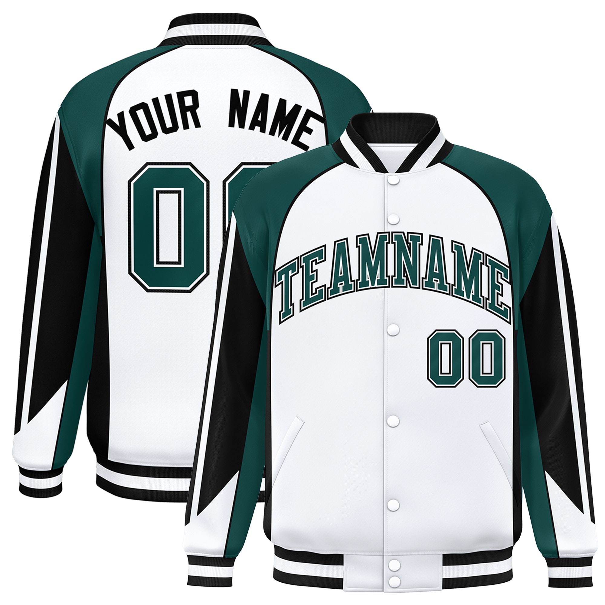 Custom White Midnight Green Varsity Full-Snap Personalized Raglan Sleeves Color Block Letterman Jacket