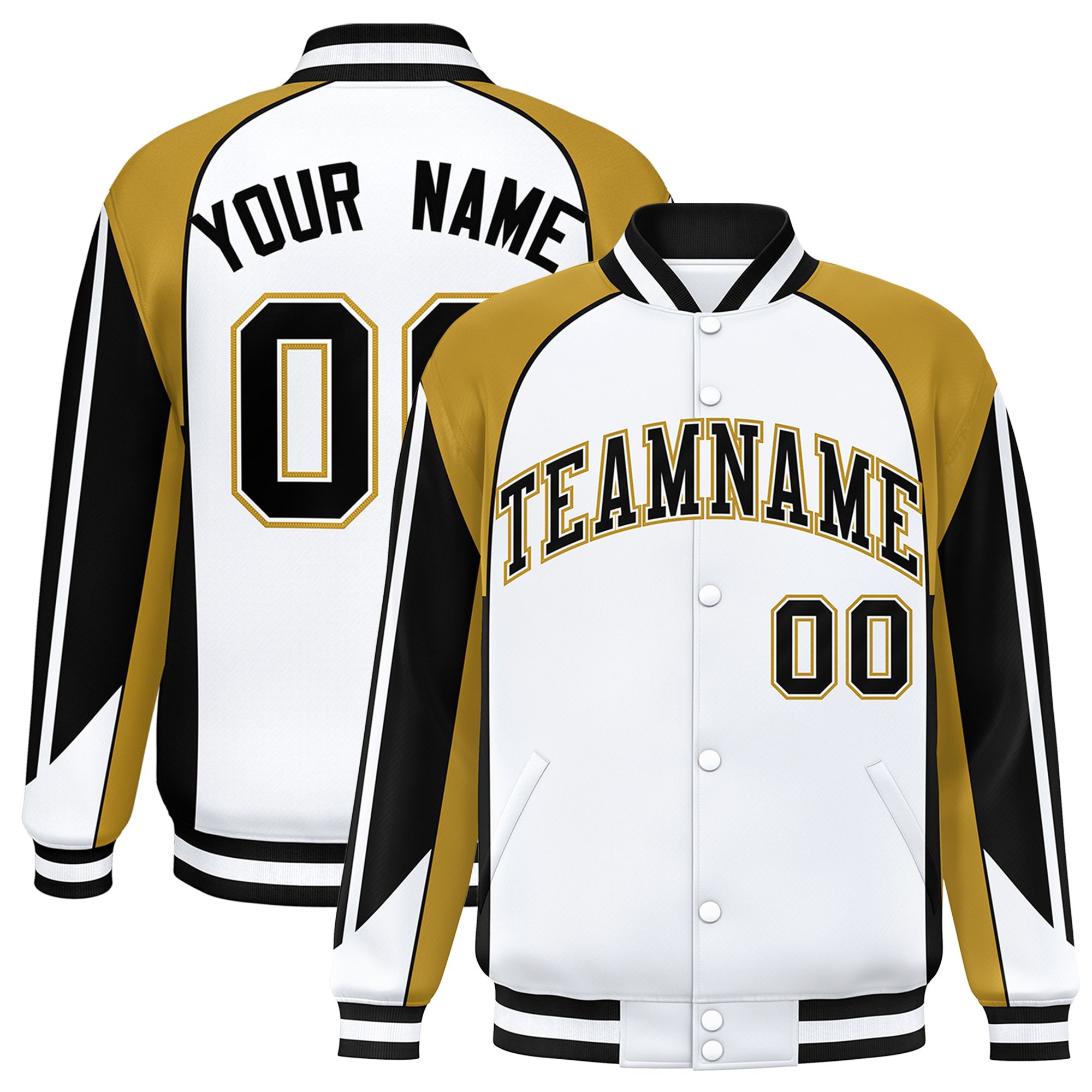 Custom White Old Gold Varsity Full-Snap Personalized Raglan Sleeves Color Block Letterman Jacket