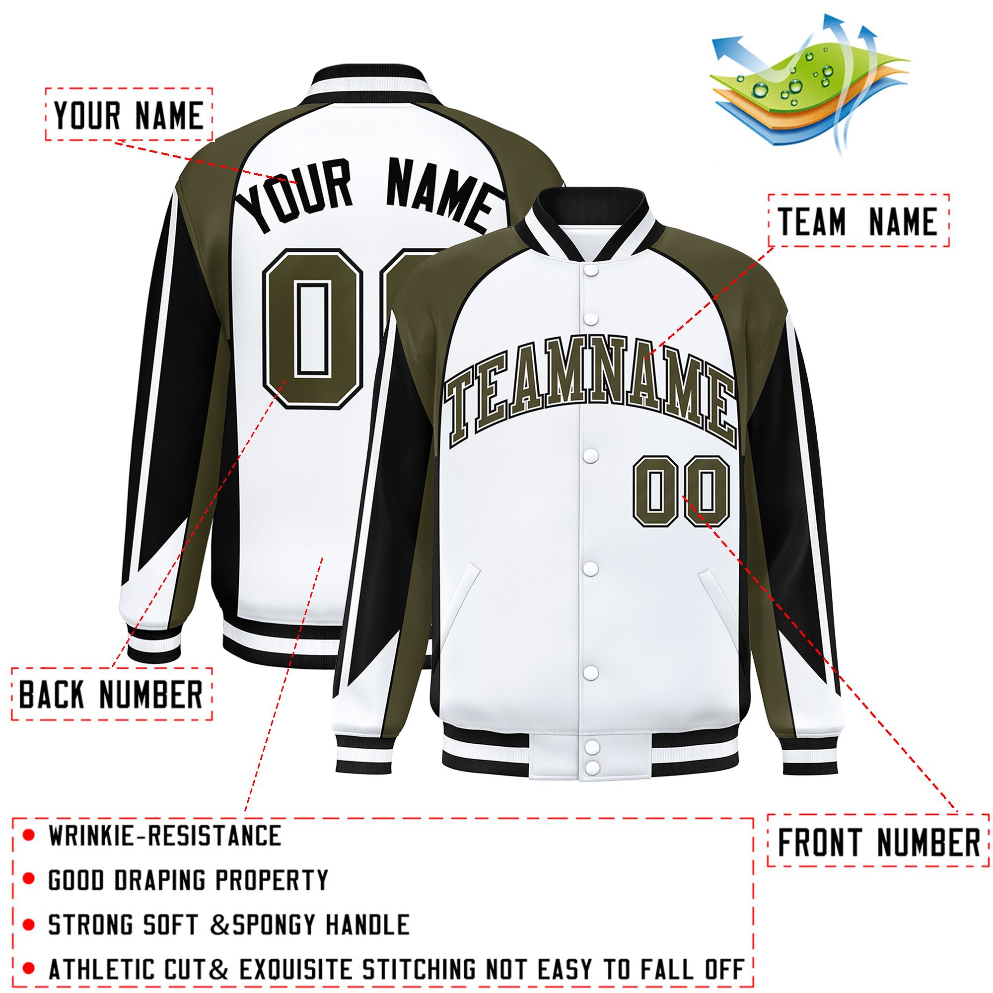 Custom White Olive Varsity Full-Snap Personalized Raglan Sleeves Color Block Letterman Jacket