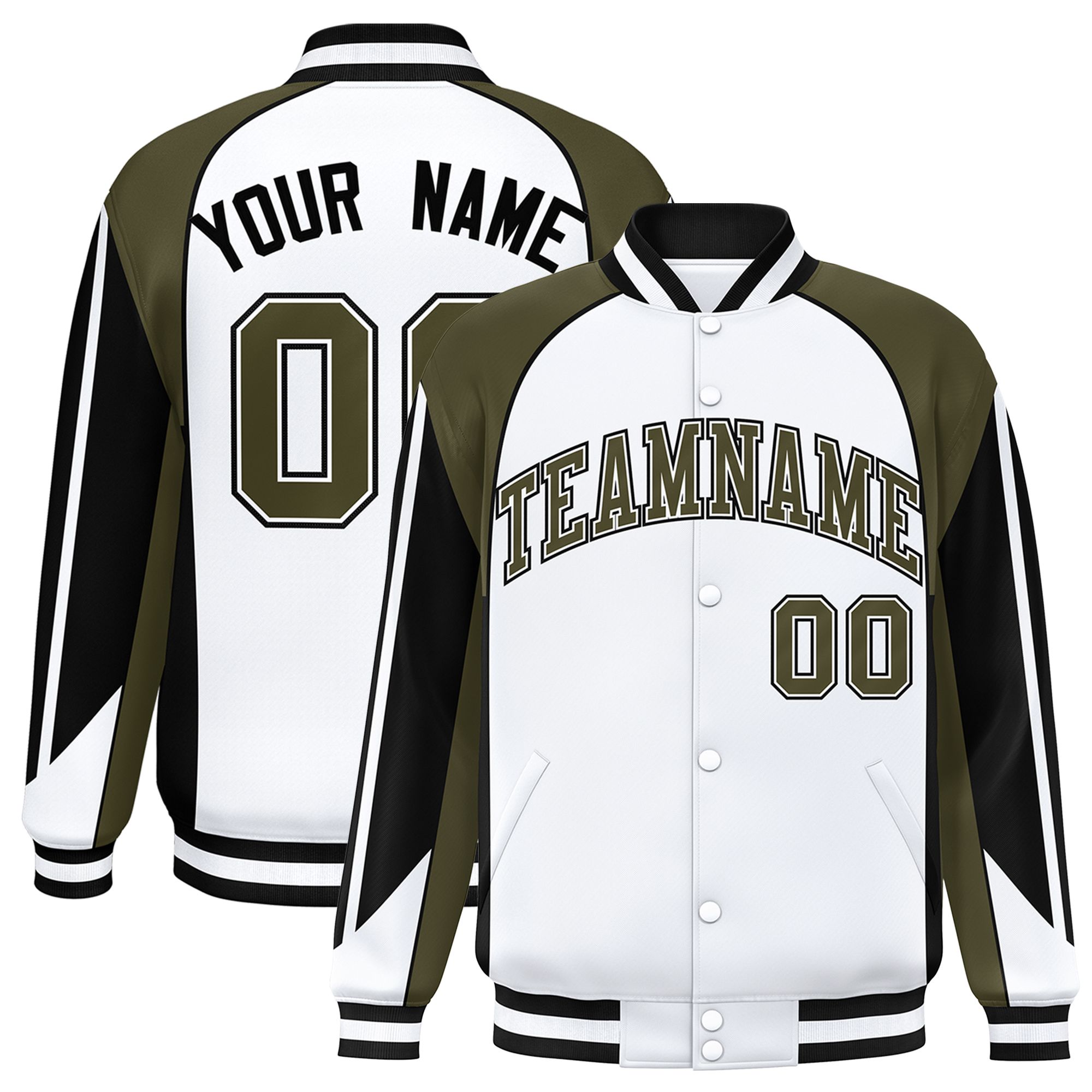 Custom White Olive Varsity Full-Snap Personalized Raglan Sleeves Color Block Letterman Jacket