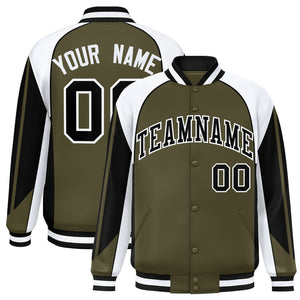 Custom Olive White Varsity Full-Snap Personalized Raglan Sleeves Color Block Letterman Jacket