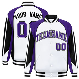 Custom White Purple Varsity Full-Snap Personalized Raglan Sleeves Color Block Letterman Jacket