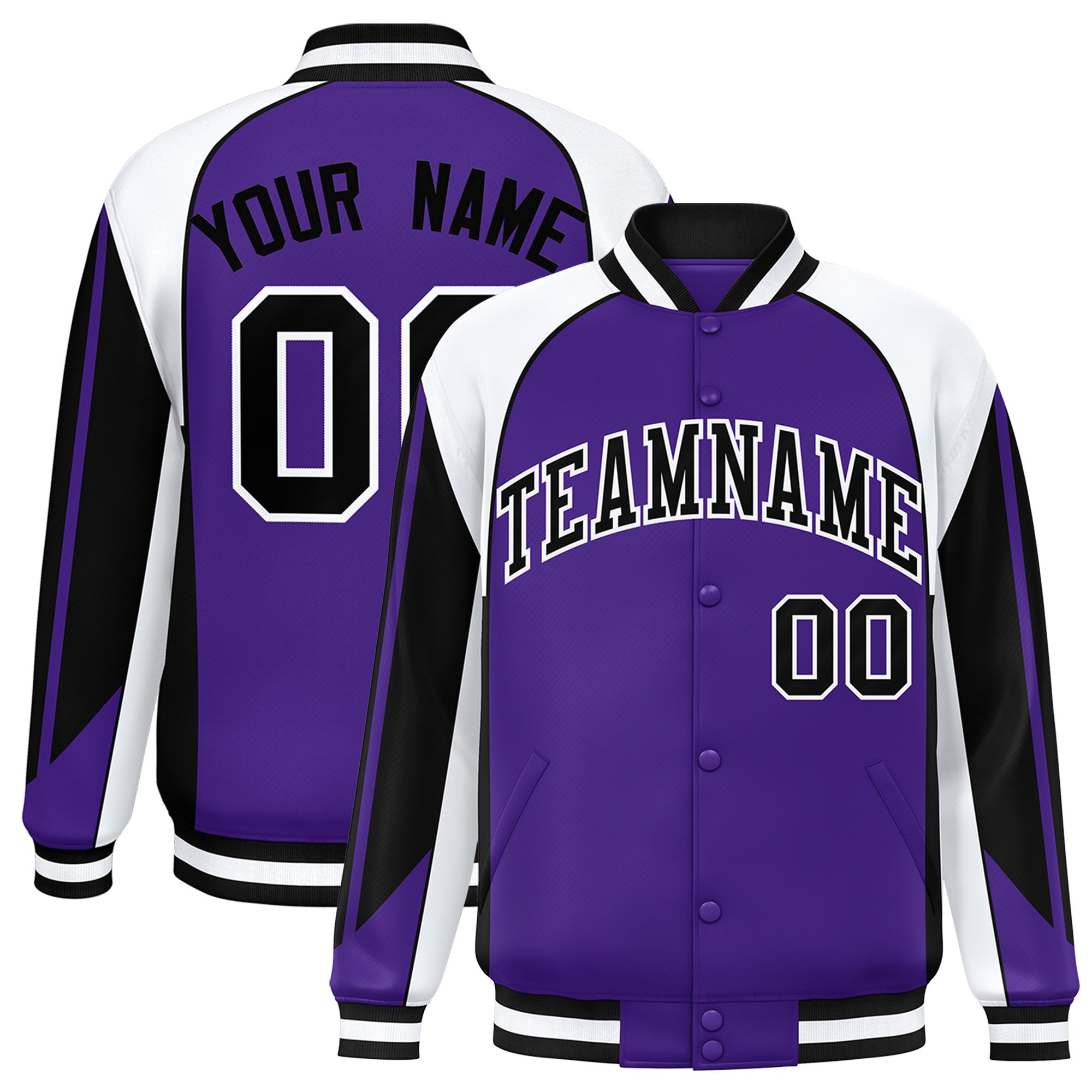 Custom Purple White Varsity Full-Snap Personalized Raglan Sleeves Color Block Letterman Jacket