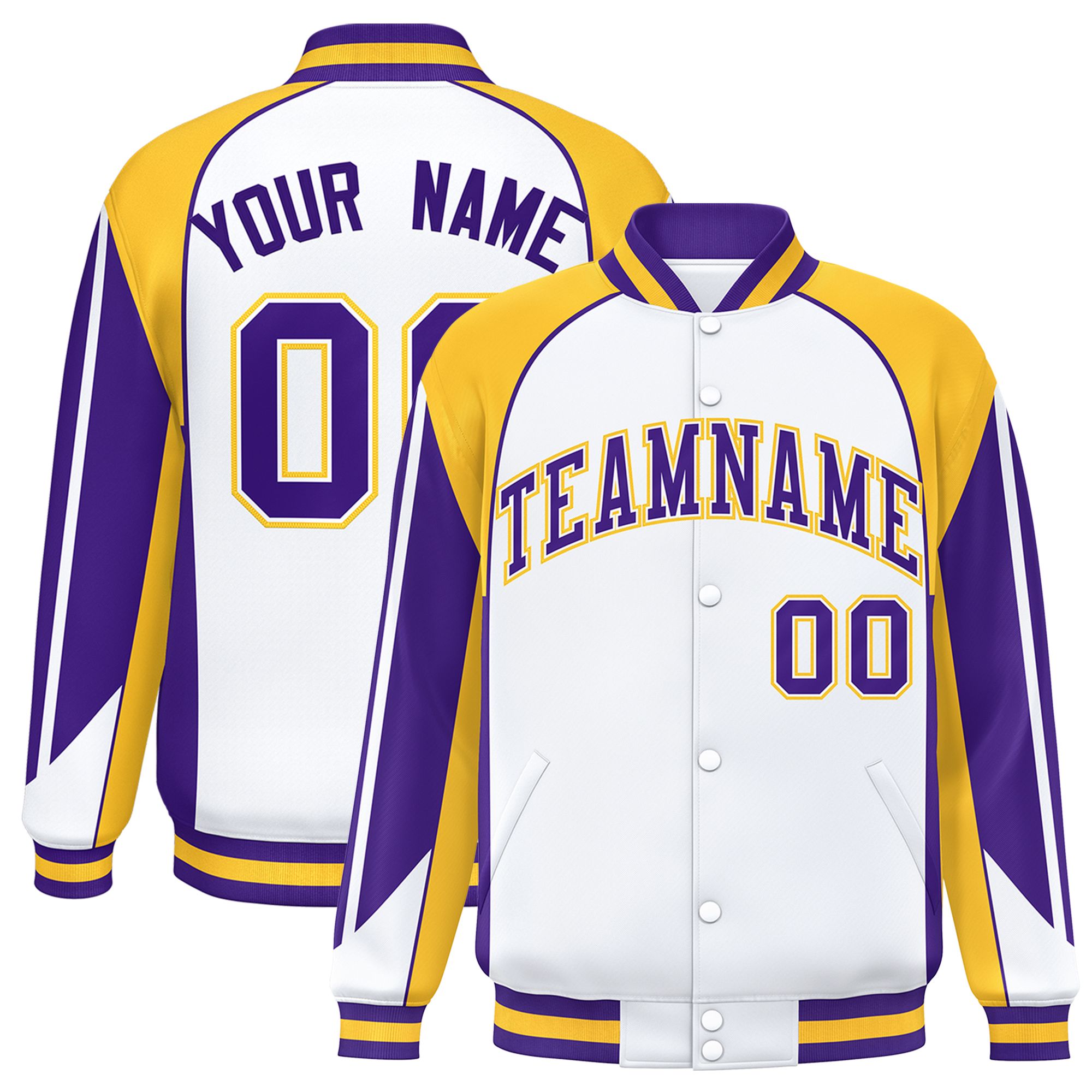 Custom White Gold Varsity Full-Snap Personalized Raglan Sleeves Color Block Letterman Jacket