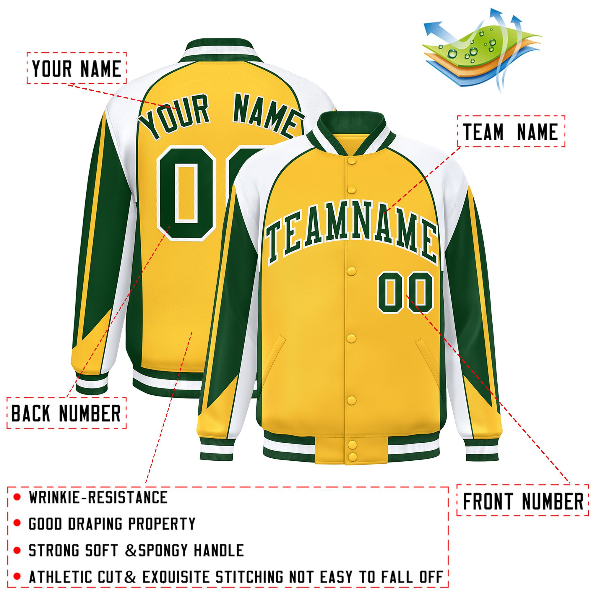 Custom Gold White Varsity Full-Snap Personalized Raglan Sleeves Color Block Letterman Jacket