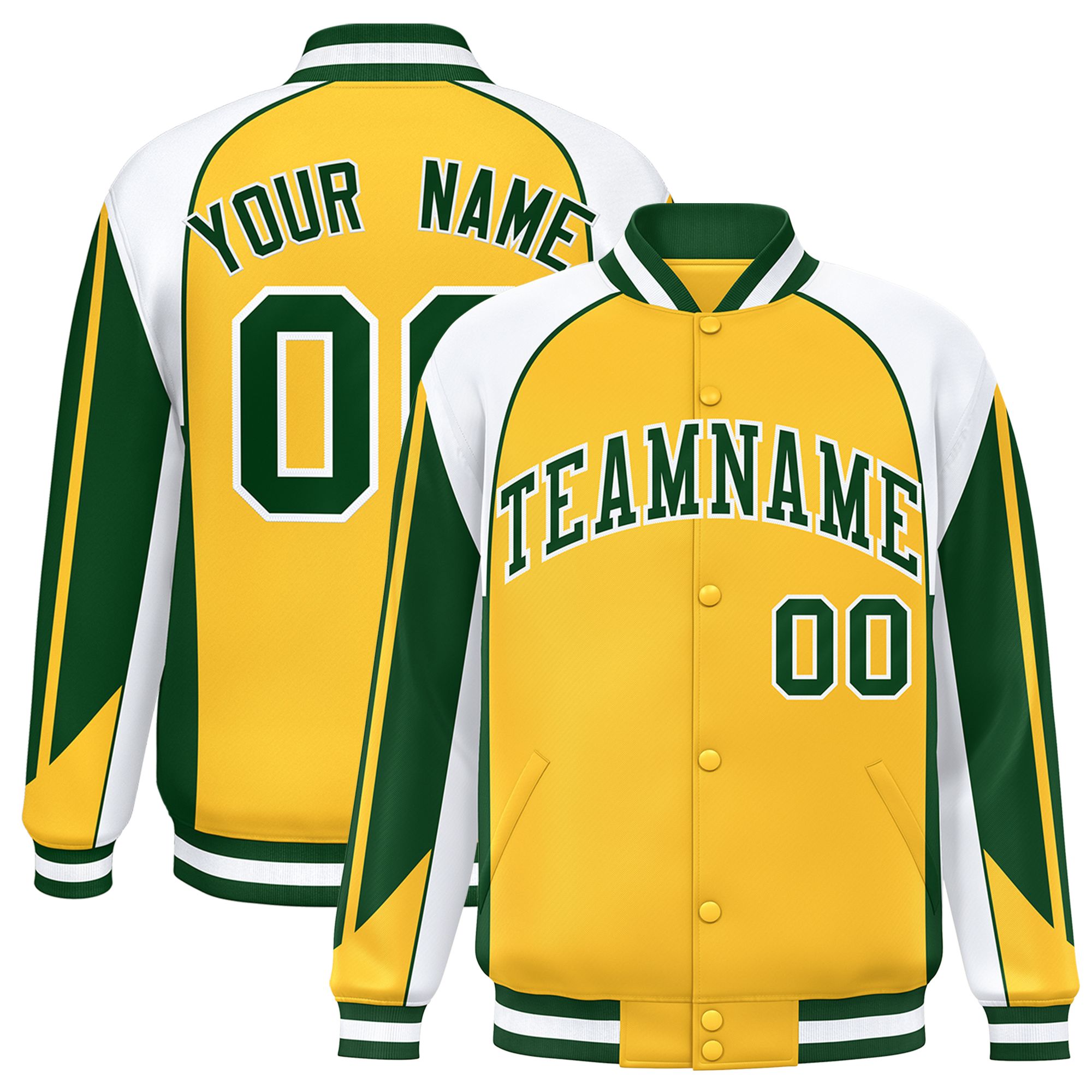 Custom Gold White Varsity Full-Snap Personalized Raglan Sleeves Color Block Letterman Jacket