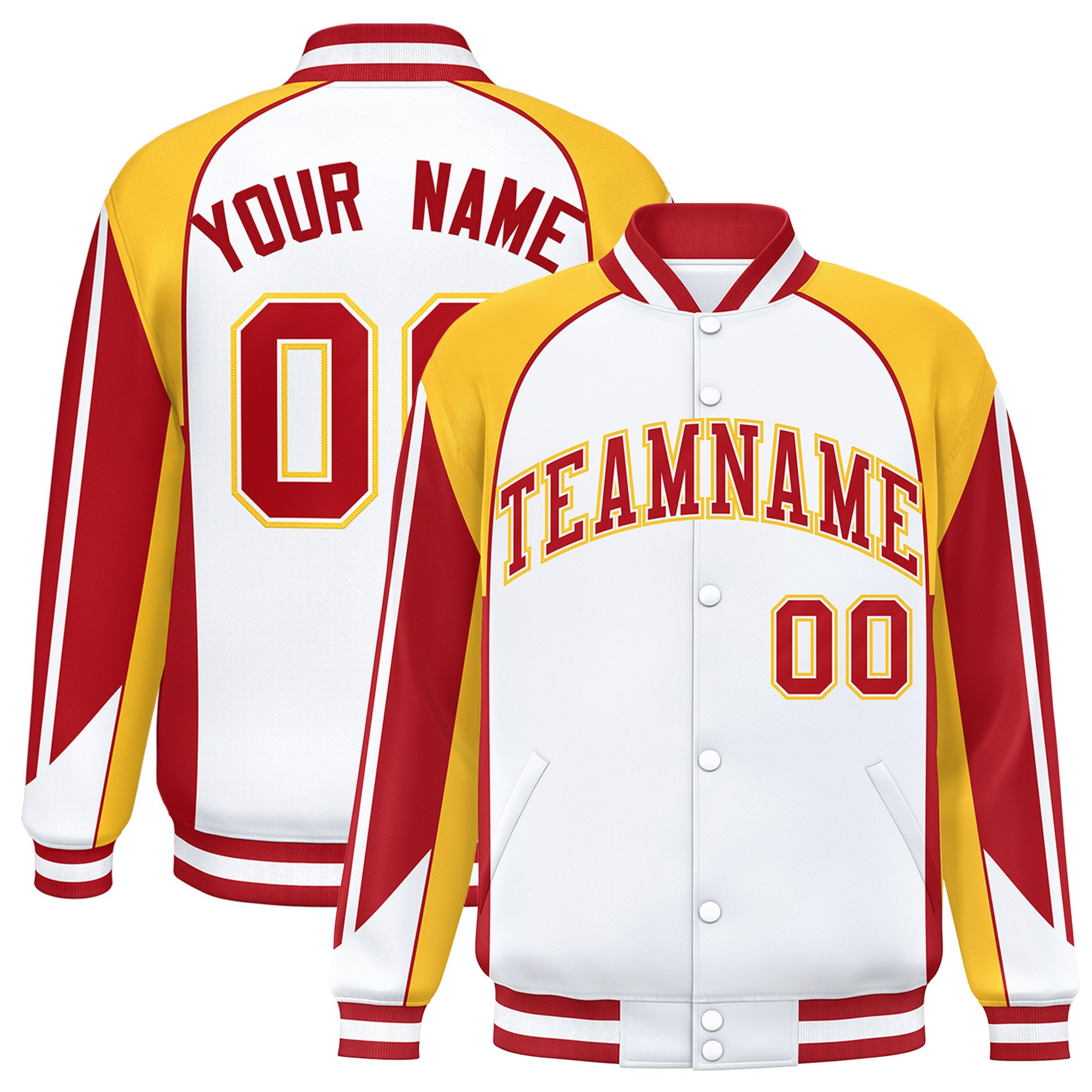 Custom White Gold Varsity Full-Snap Personalized Raglan Sleeves Color Block Letterman Jacket