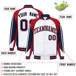 Custom White Red Varsity Full-Snap Personalized Raglan Sleeves Color Block Letterman Jacket