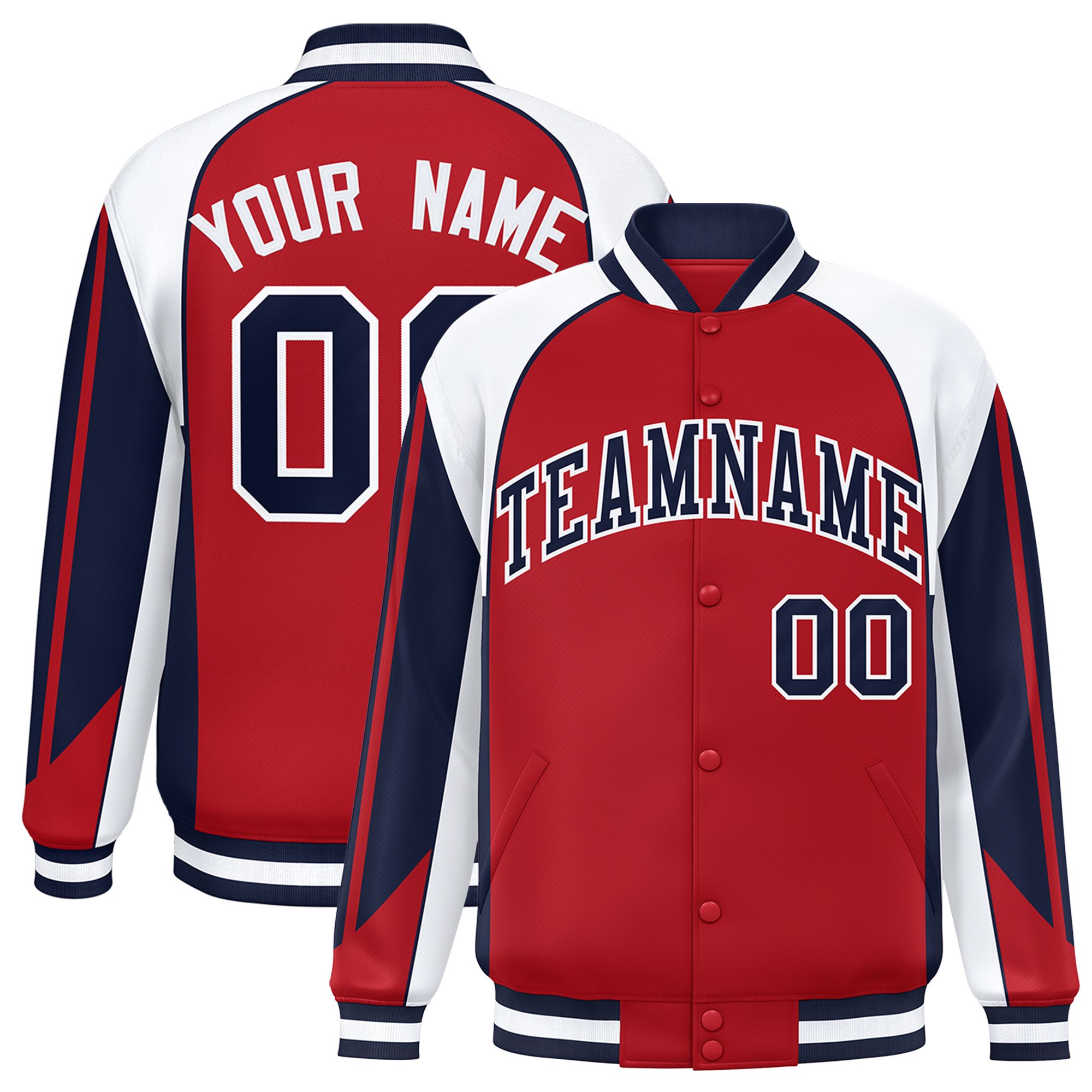 Custom Red White Varsity Full-Snap Personalized Raglan Sleeves Color Block Letterman Jacket