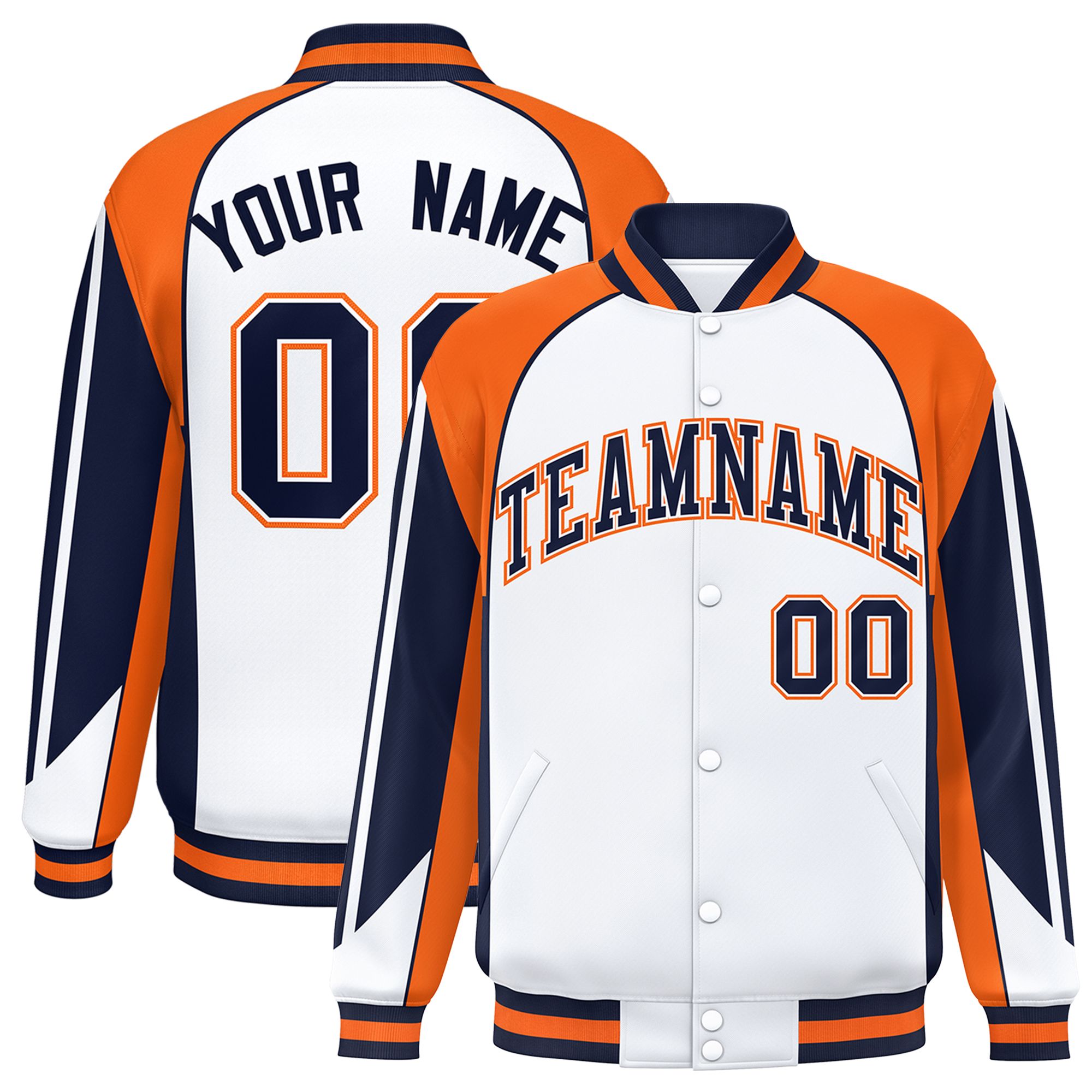 Custom White Orange Varsity Full-Snap Personalized Raglan Sleeves Color Block Letterman Jacket