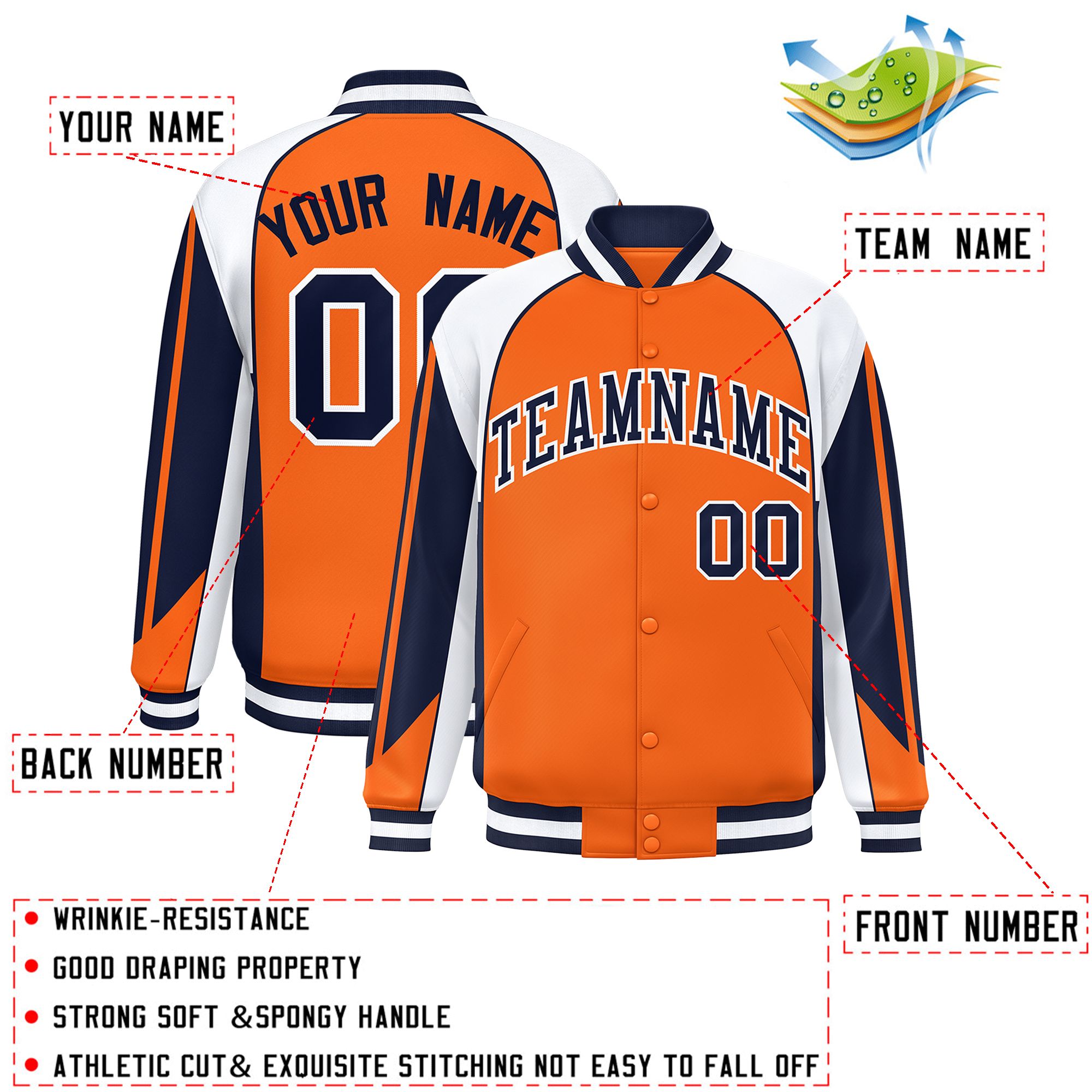 Custom Orange White Varsity Full-Snap Personalized Raglan Sleeves Color Block Letterman Jacket