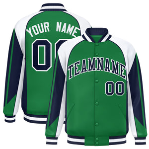 Custom Kelly Green White Varsity Full-Snap Personalized Raglan Sleeves Color Block Letterman Jacket