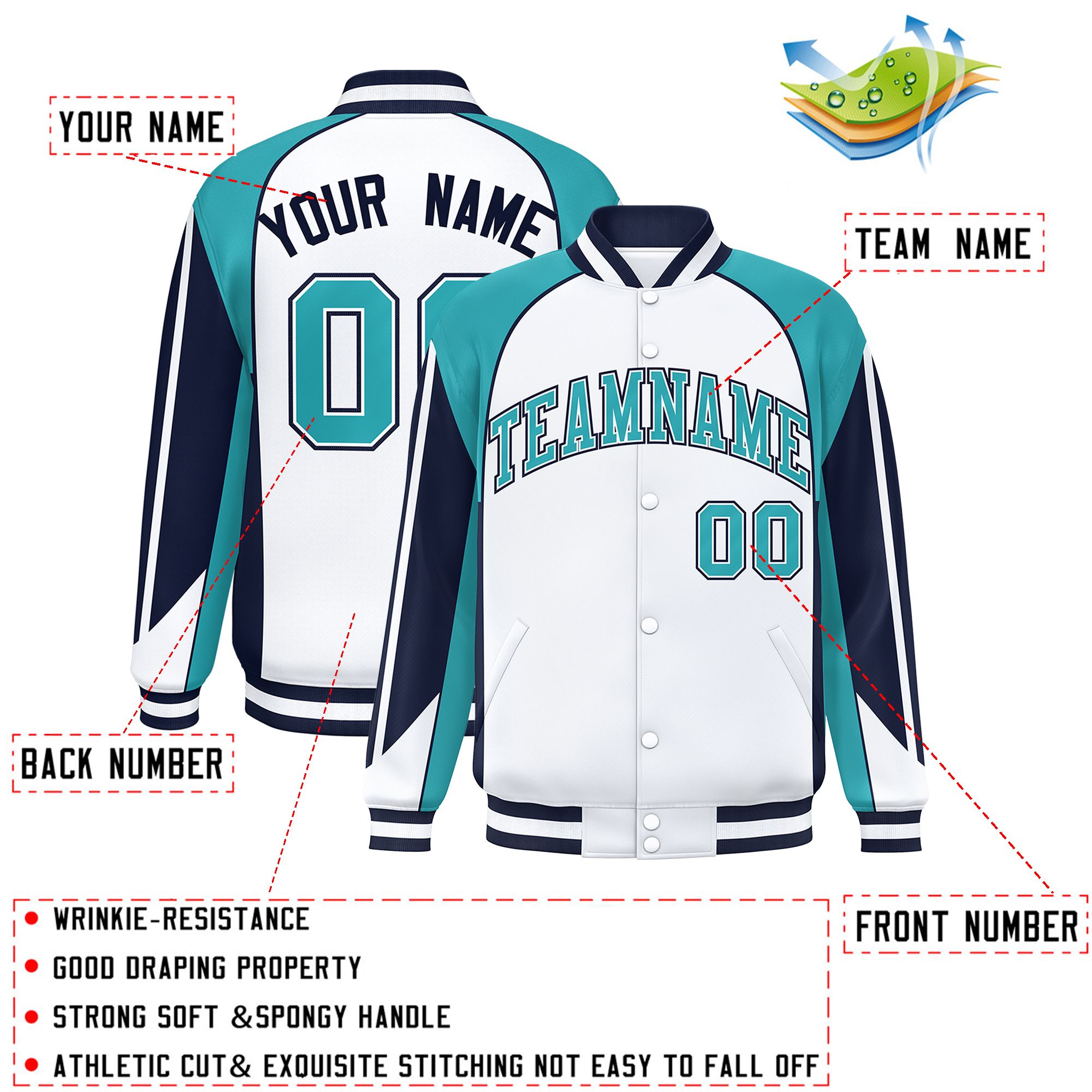 Custom White Aqua Varsity Full-Snap Personalized Raglan Sleeves Color Block Letterman Jacket