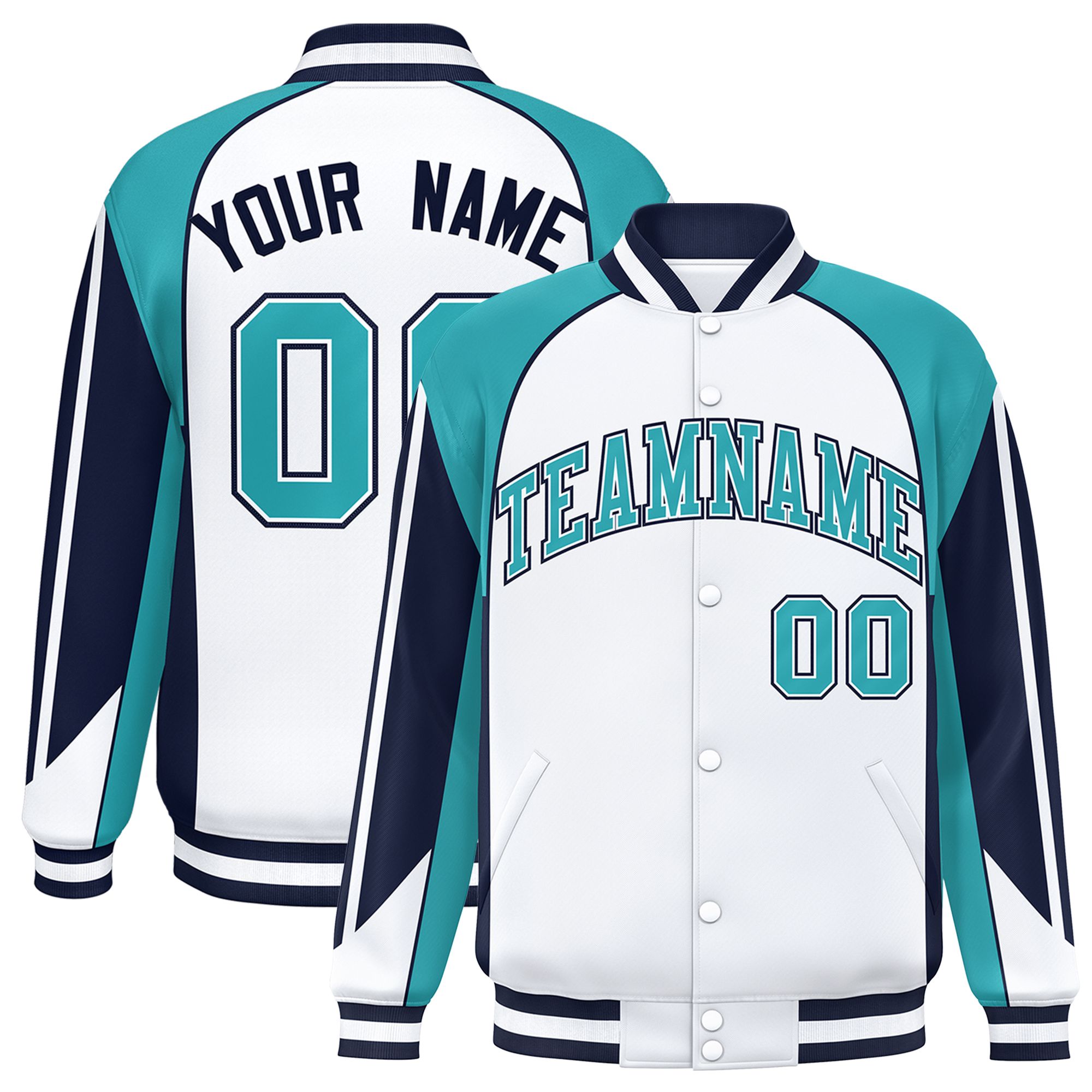 Custom White Aqua Varsity Full-Snap Personalized Raglan Sleeves Color Block Letterman Jacket