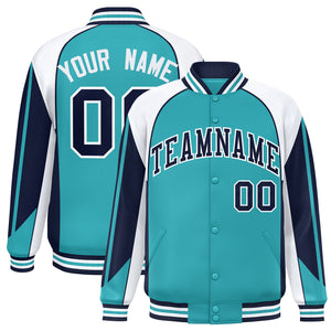 Custom Aqua White Varsity Full-Snap Personalized Raglan Sleeves Color Block Letterman Jacket