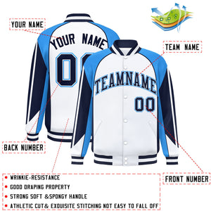 Custom White Powder Blue Varsity Full-Snap Personalized Raglan Sleeves Color Block Letterman Jacket