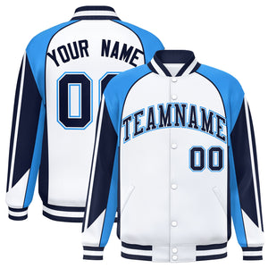 Custom White Powder Blue Varsity Full-Snap Personalized Raglan Sleeves Color Block Letterman Jacket