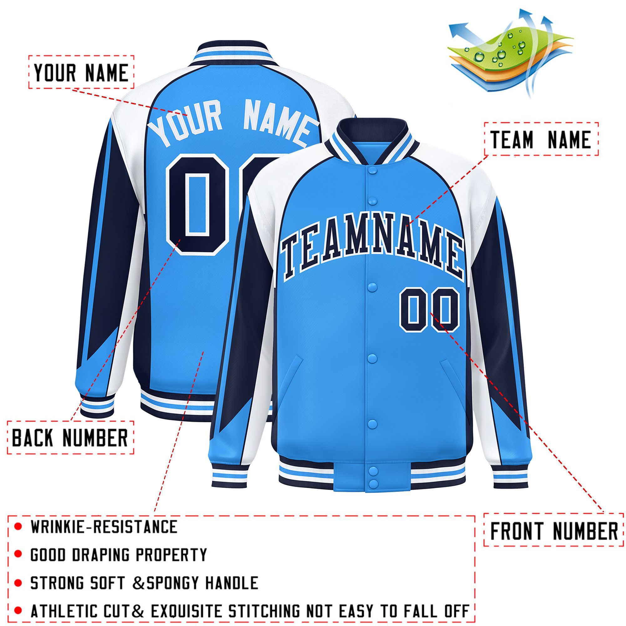 Custom Powder Blue White Varsity Full-Snap Personalized Raglan Sleeves Color Block Letterman Jacket