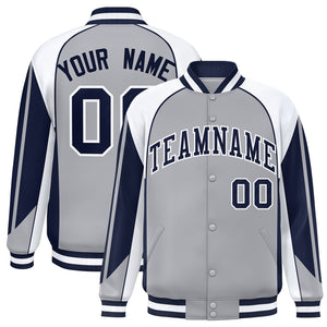 Custom Gray White Varsity Full-Snap Personalized Raglan Sleeves Color Block Letterman Jacket