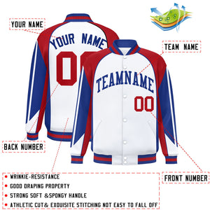 Custom White Red Varsity Full-Snap Personalized Raglan Sleeves Color Block Letterman Jacket