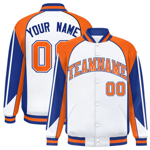 Custom White Orange Varsity Full-Snap Personalized Raglan Sleeves Color Block Letterman Jacket