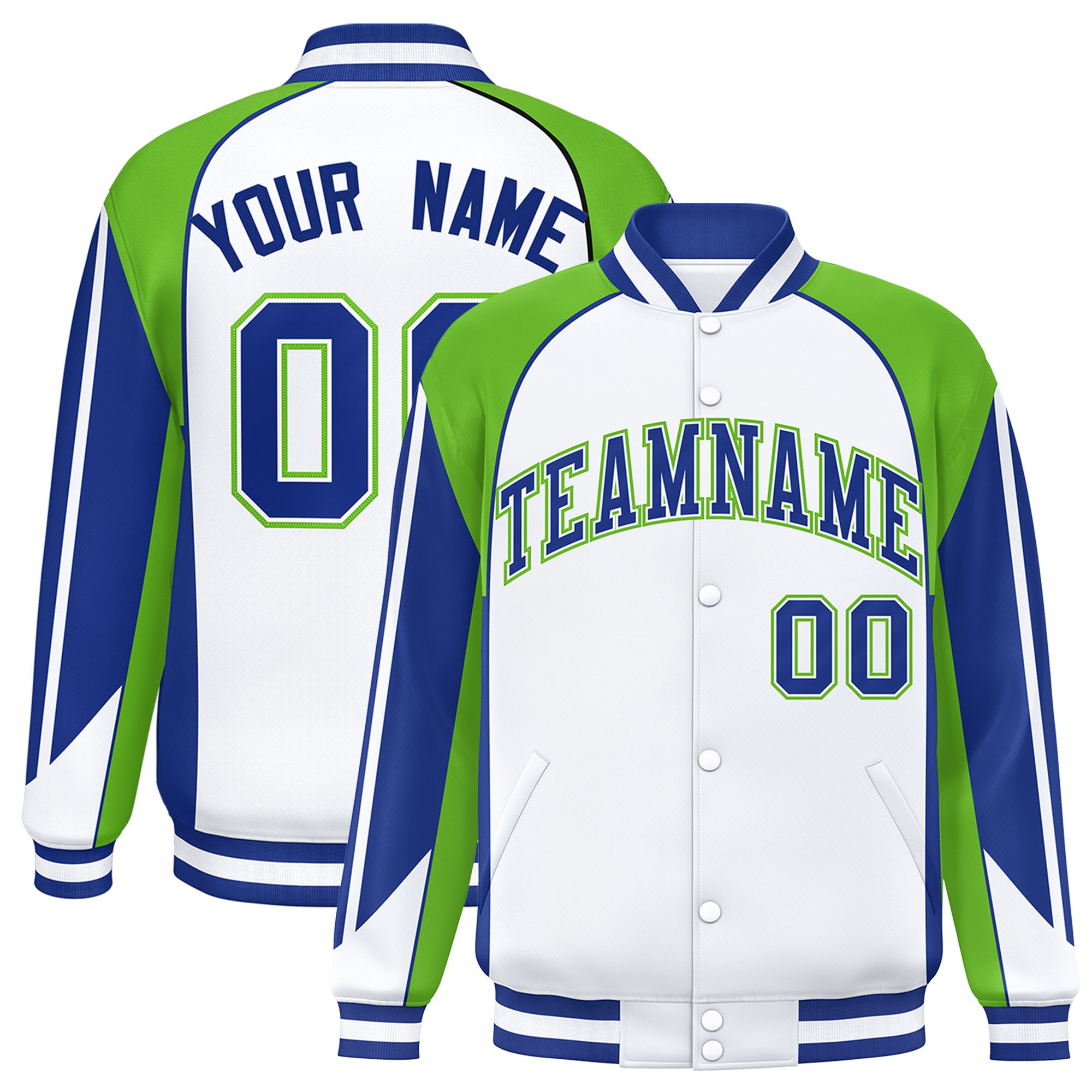 Custom White Green Varsity Full-Snap Personalized Raglan Sleeves Color Block Letterman Jacket