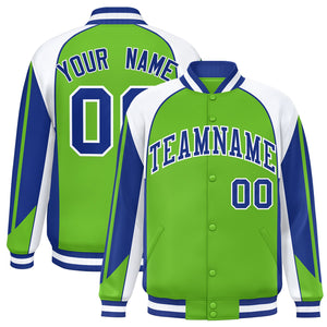 Custom Green White Varsity Full-Snap Personalized Raglan Sleeves Color Block Letterman Jacket