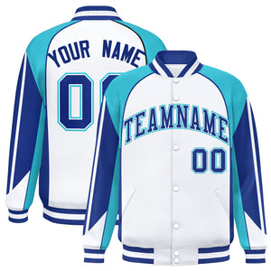 Custom White Sky Blue Varsity Full-Snap Personalized Raglan Sleeves Color Block Letterman Jacket