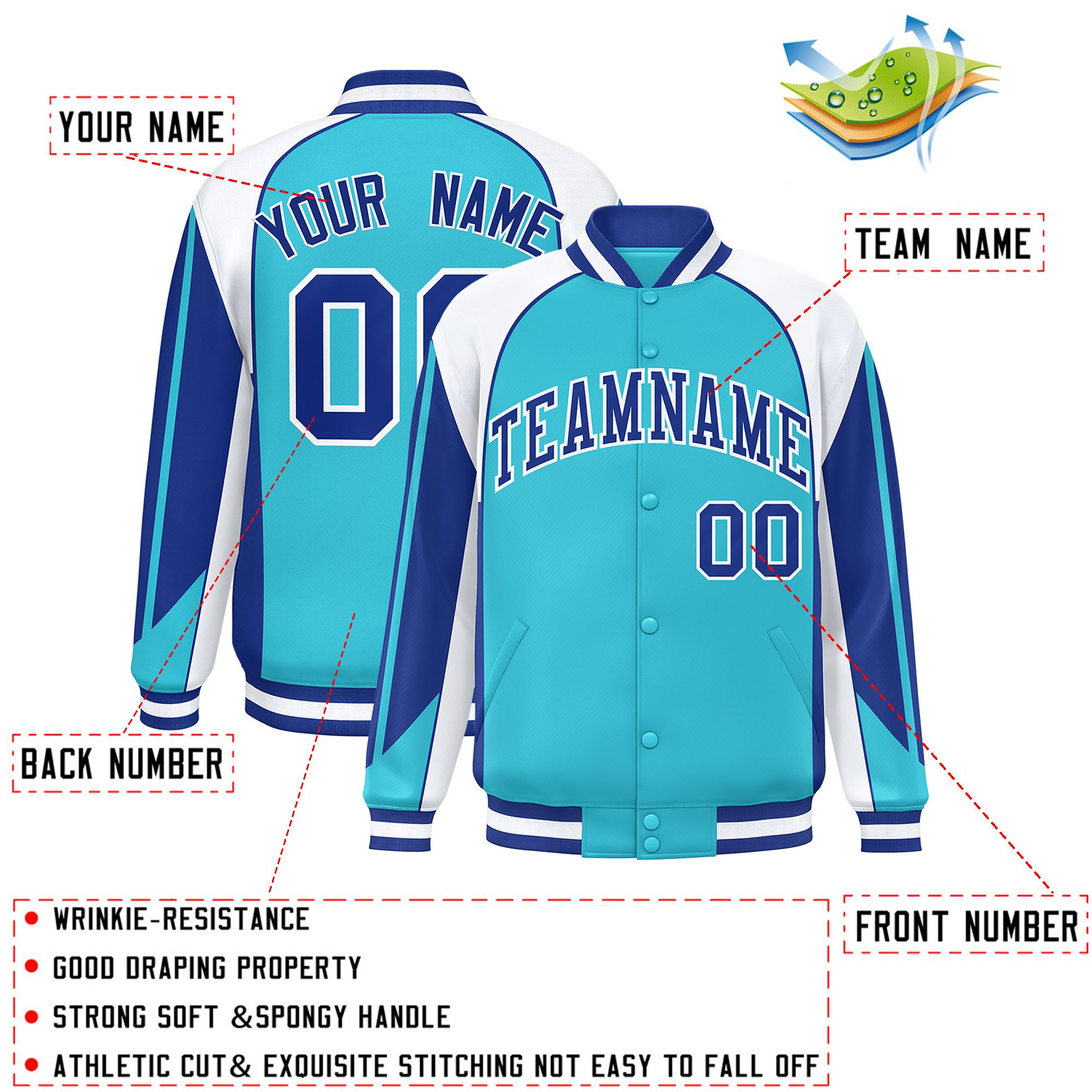 Custom Sky Blue White Varsity Full-Snap Personalized Raglan Sleeves Color Block Letterman Jacket