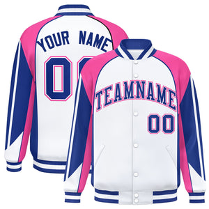 Custom White Pink Varsity Full-Snap Personalized Raglan Sleeves Color Block Letterman Jacket