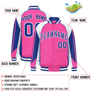 Custom Pink White Varsity Full-Snap Personalized Raglan Sleeves Color Block Letterman Jacket