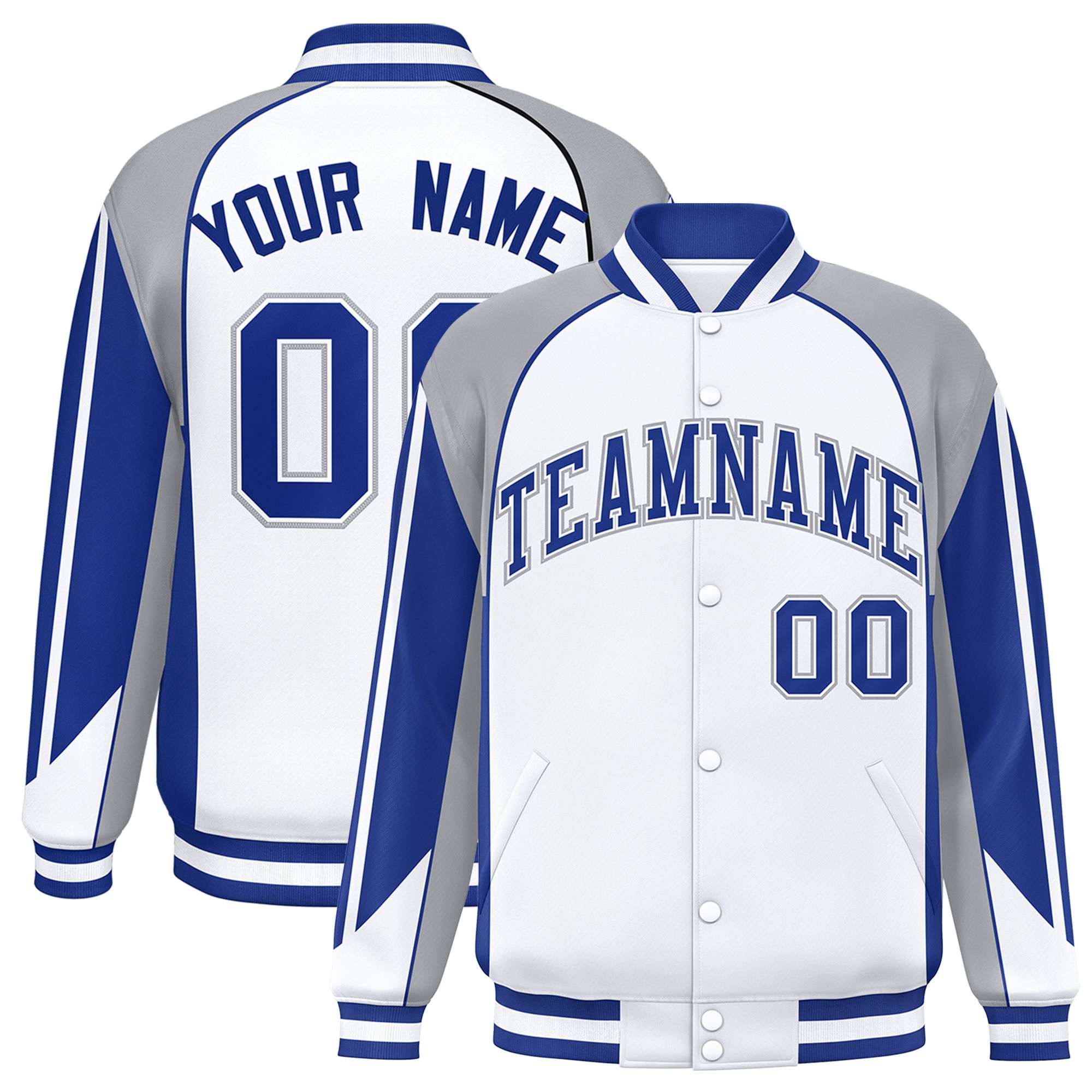 Custom White Gray Varsity Full-Snap Personalized Raglan Sleeves Color Block Letterman Jacket