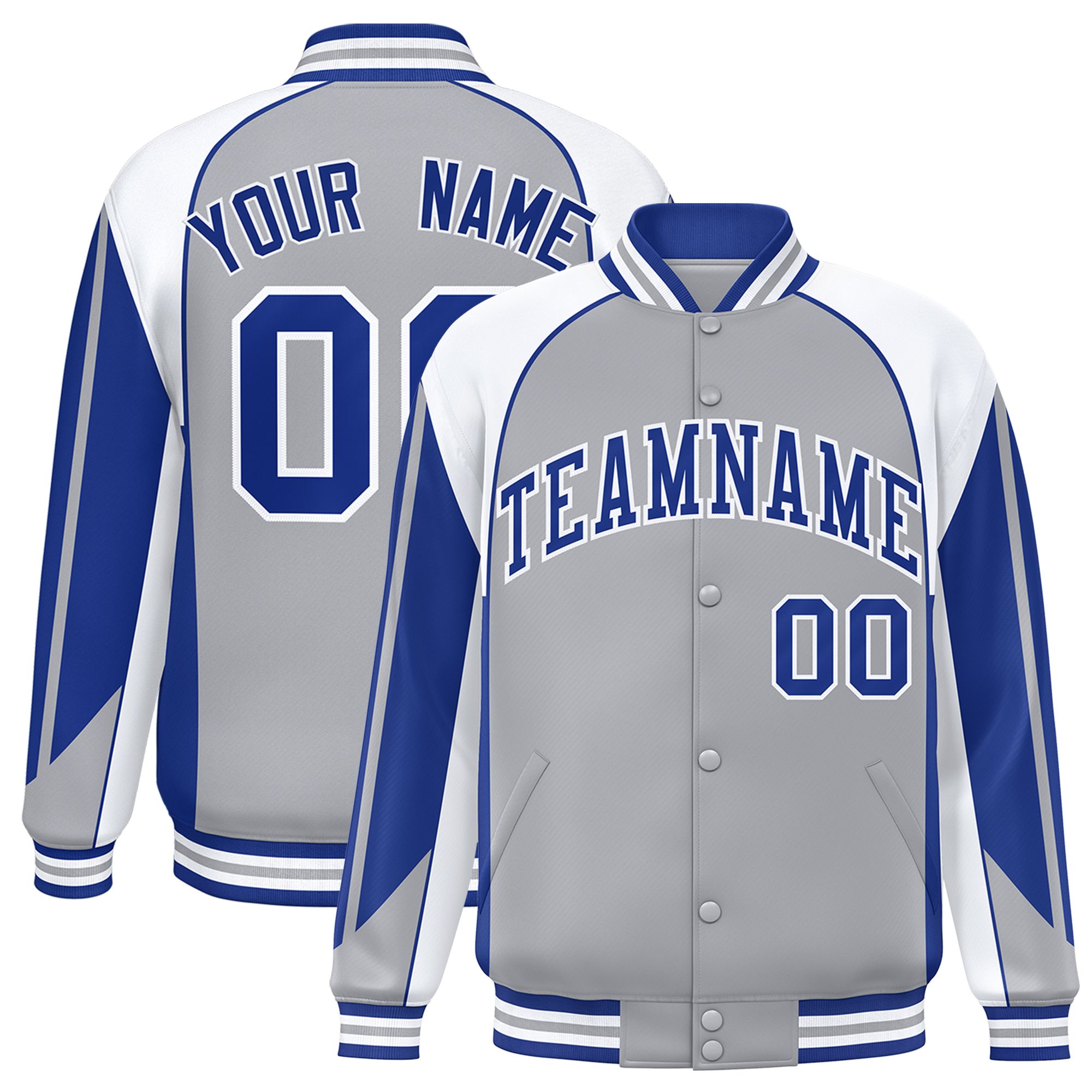 Custom Gray White Varsity Full-Snap Personalized Raglan Sleeves Color Block Letterman Jacket