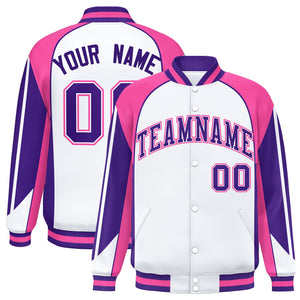 Custom White Pink Varsity Full-Snap Personalized Raglan Sleeves Color Block Letterman Jacket