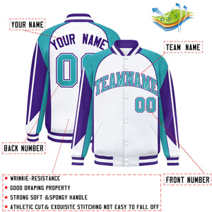 Custom White Aqua Varsity Full-Snap Personalized Raglan Sleeves Color Block Letterman Jacket