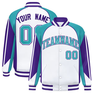 Custom White Aqua Varsity Full-Snap Personalized Raglan Sleeves Color Block Letterman Jacket