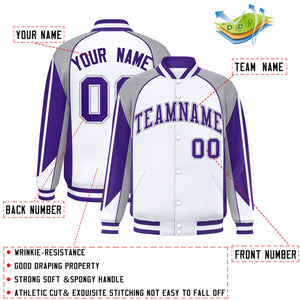 Custom White Gray Varsity Full-Snap Personalized Raglan Sleeves Color Block Letterman Jacket