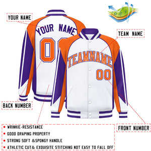 Custom White Orange Varsity Full-Snap Personalized Raglan Sleeves Color Block Letterman Jacket