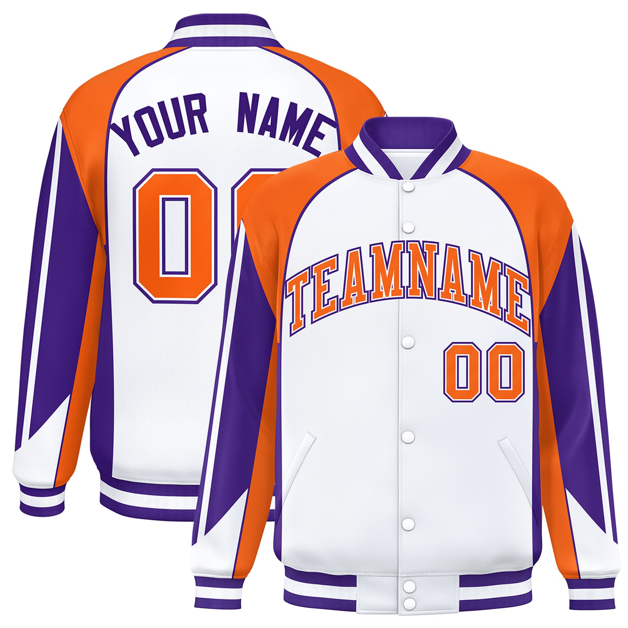 Custom White Orange Varsity Full-Snap Personalized Raglan Sleeves Color Block Letterman Jacket