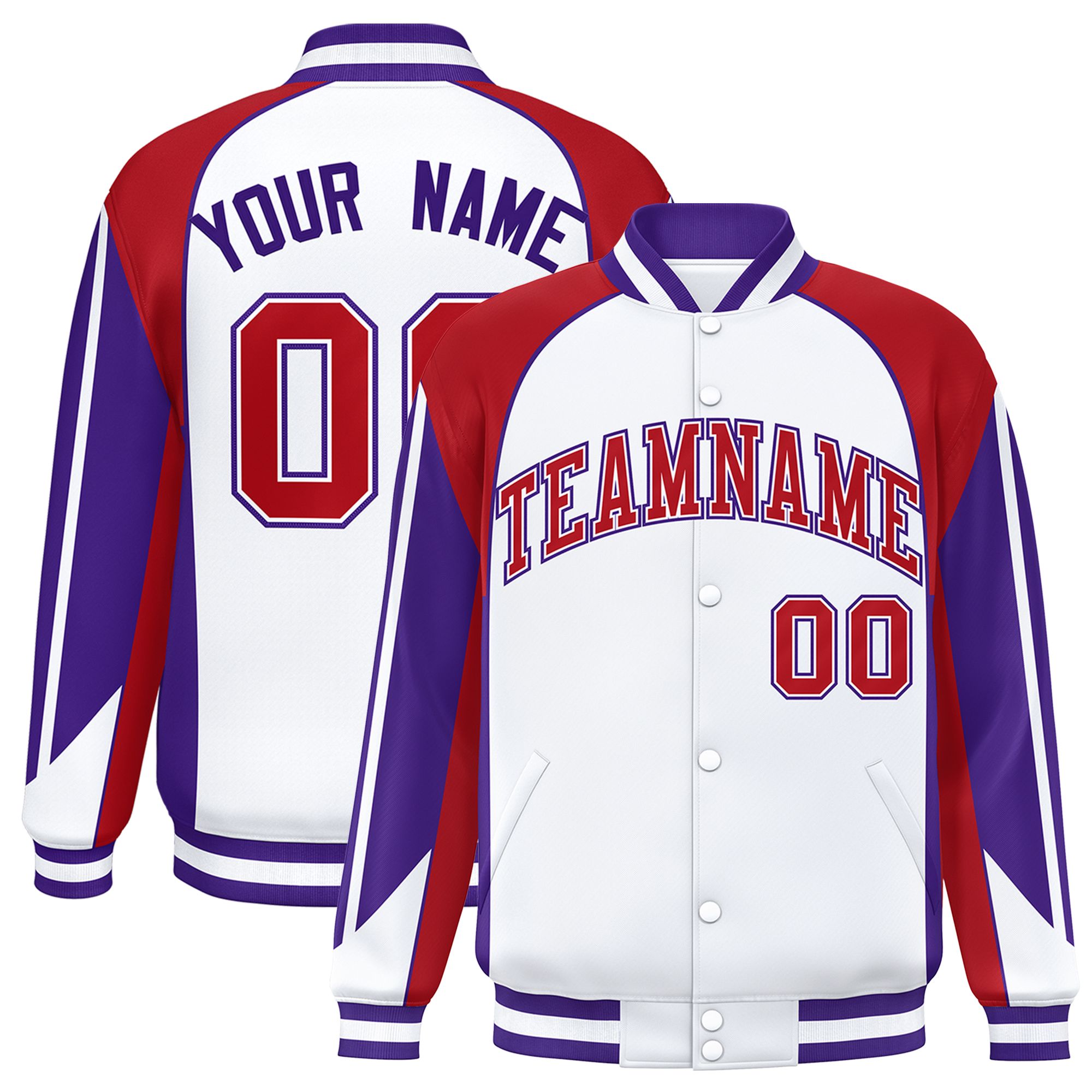 Custom White Red Varsity Full-Snap Personalized Raglan Sleeves Color Block Letterman Jacket