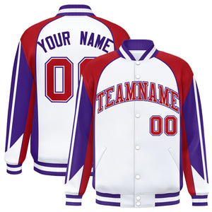 Custom White Red Varsity Full-Snap Personalized Raglan Sleeves Color Block Letterman Jacket