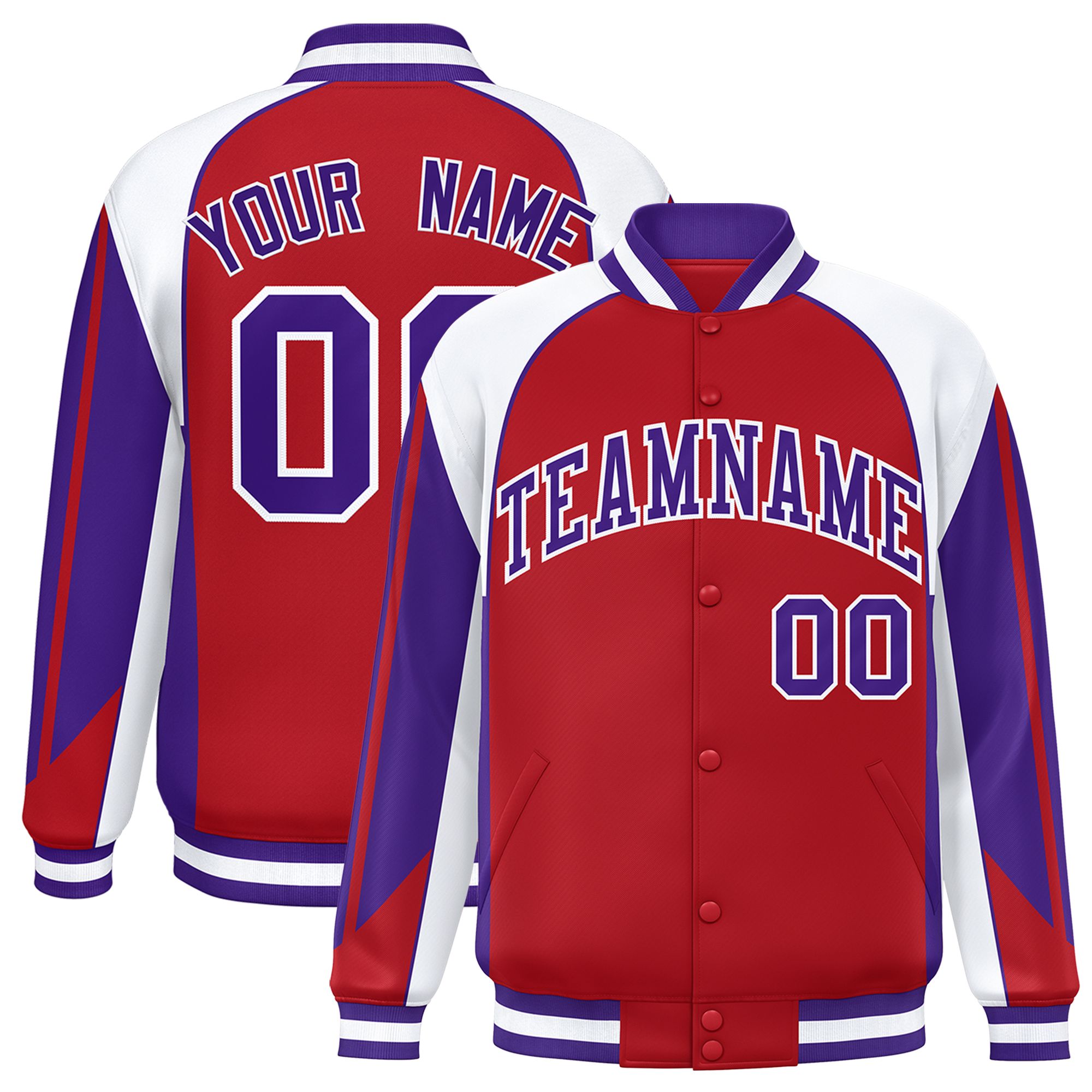 Custom Red White Varsity Full-Snap Personalized Raglan Sleeves Color Block Letterman Jacket