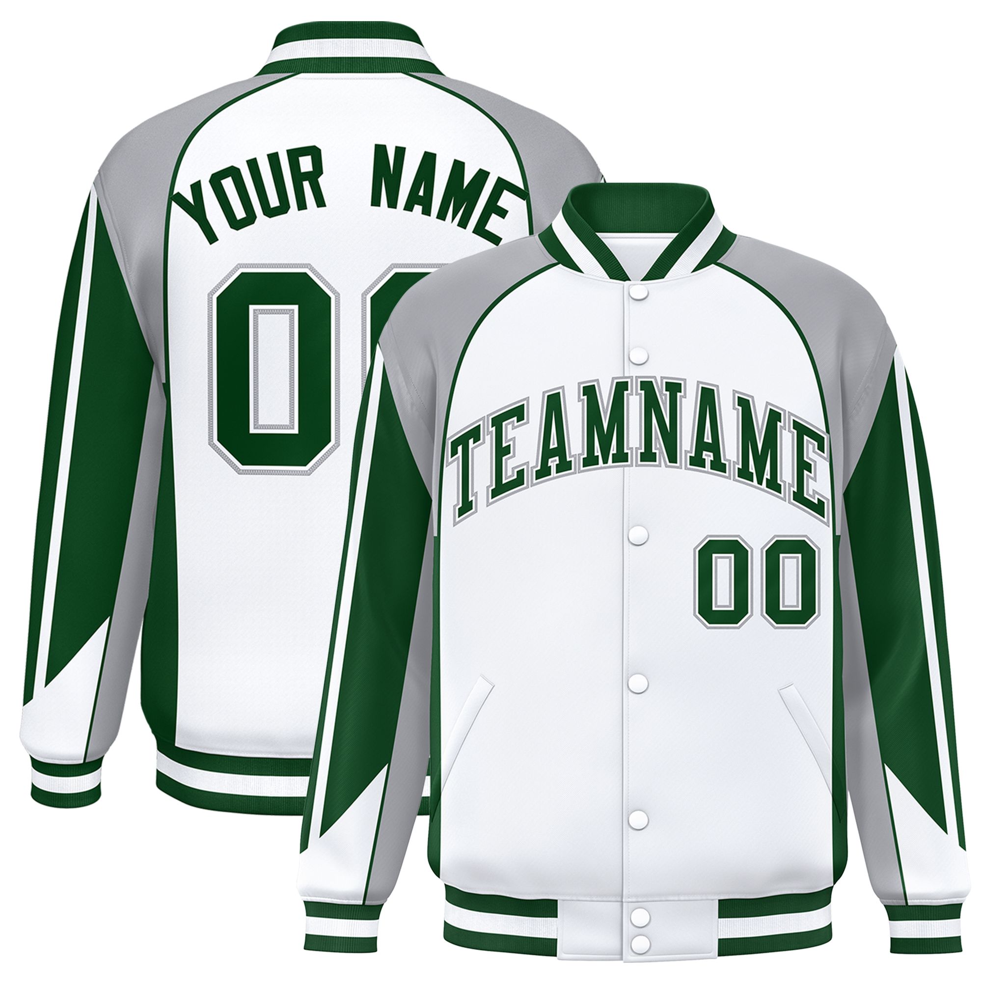 Custom White Gray Varsity Full-Snap Personalized Raglan Sleeves Color Block Letterman Jacket