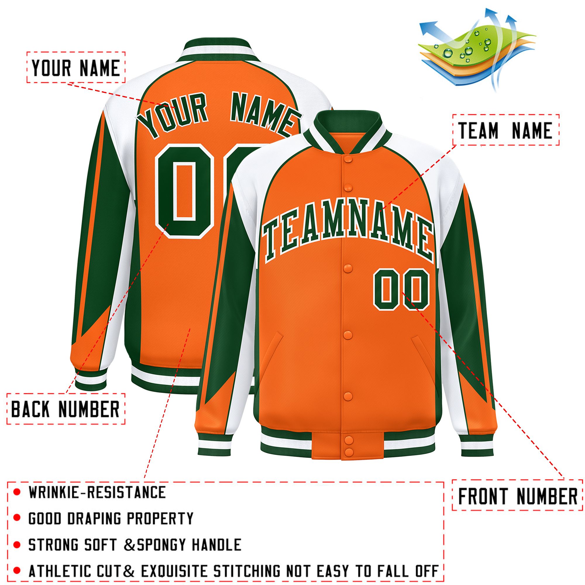 Custom Orange White Varsity Full-Snap Personalized Raglan Sleeves Color Block Letterman Jacket